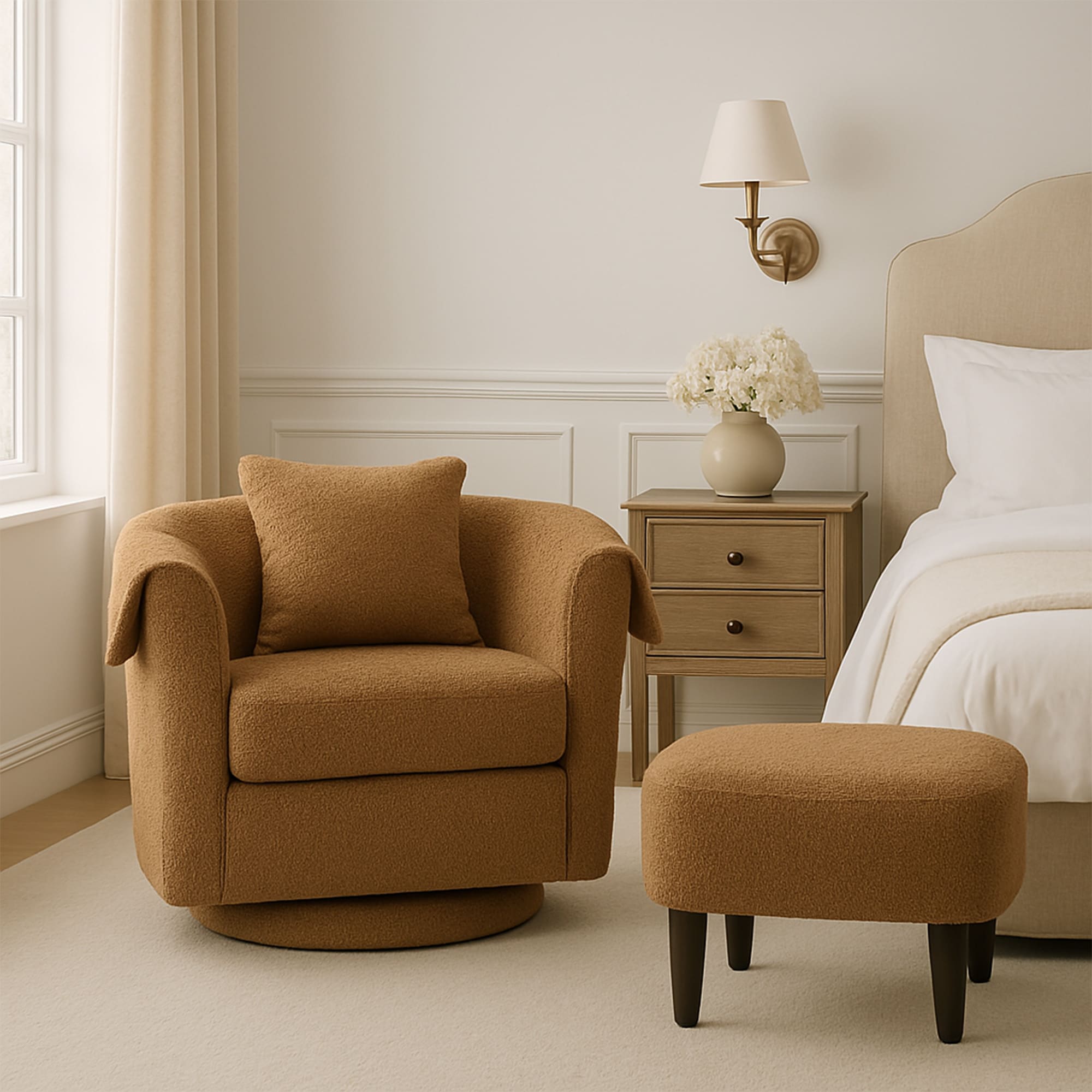 Swivel Accent Chair With Ottoman Set, Modern Chenille Barrel Armchair With Removable Back Pillow & 2 Armrest Covers For Living Room, Bedroom, Office, Yellow_maomaolike.com